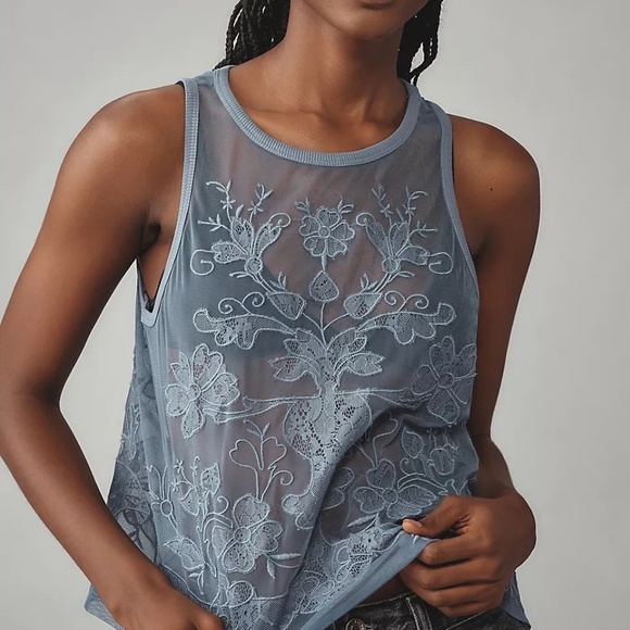 NWT Anthropologie Blue Floral Mesh Tank Medium - Picture 3 of 7